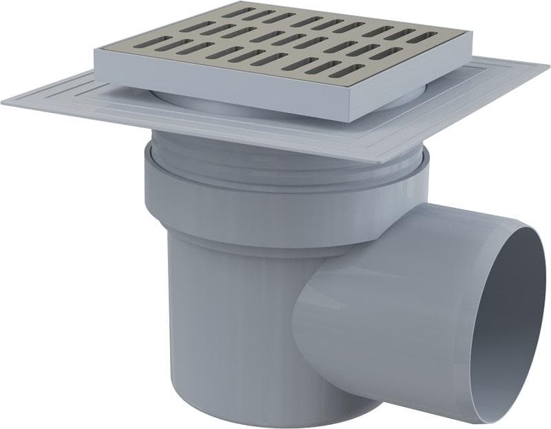 APV12 Podlahová vpust 150×150/110 mm bočná, mriežka nerez, liemec 2. úrovne izolácie, vodná