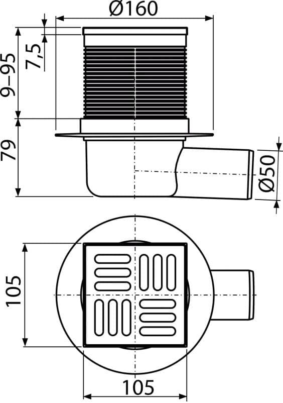  Alca APV1 Podlahová vpust 105×105/50 mm bočná, mriežka nerez, vodná zápachová uzávera AL-VPUST 150x150 DN50 bocna nerez V