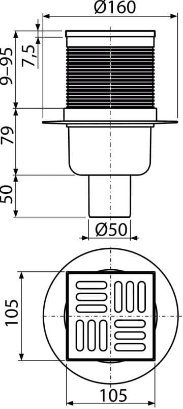  Alca APV2 Podlahová vpust 105×105/50 mm priama, mriežka nerez, vodná zápachová uzávera AL-VPUST 150x150 DN50 spodna nerez V