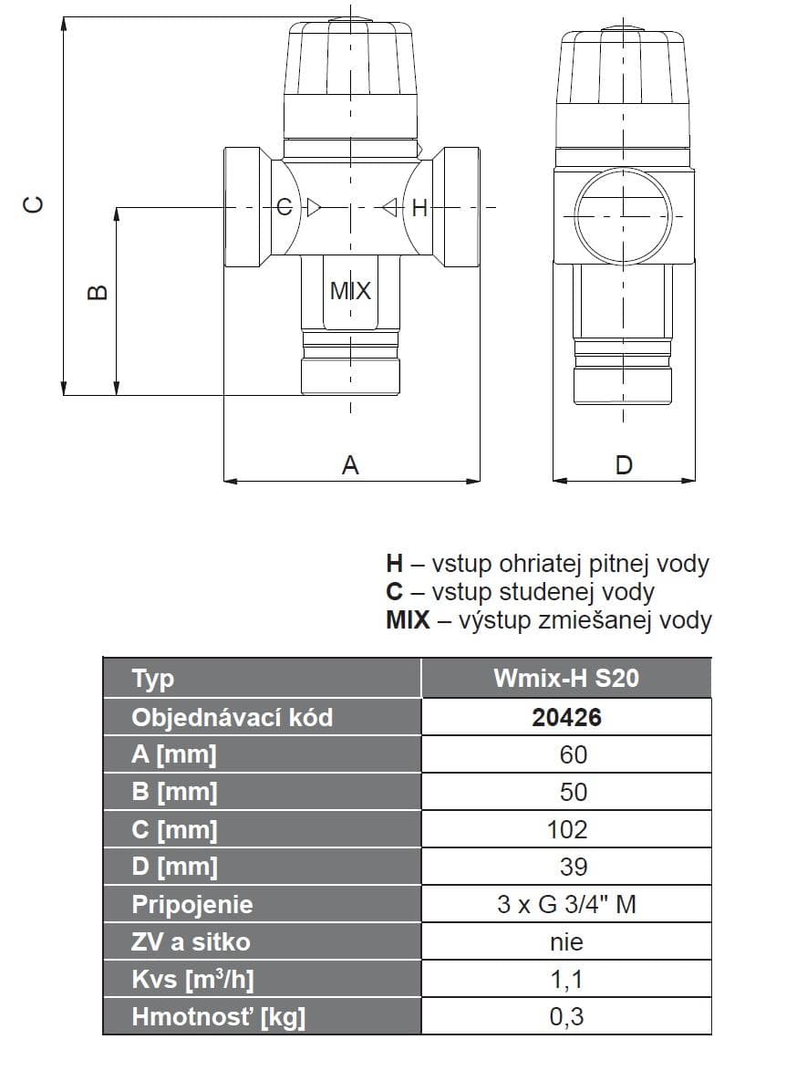  Regulus Termostatický zmiešavací ventil Wmix-H DN20 3/4", WMIX-H S20 G3/4M T35-55°C VOZ (nahrádza 12023) REG. TERMOSTAT VENT G3/4"M  OVP 35-55°C VOZ Kvs=1,1m3/h